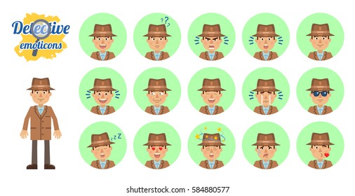 Big set of detective emoticons. Inspector emojis showing different facial expressions. Happy, sad, smile, laugh, surprised, serious, dazed, cry, angry and other emotions. Simple vector illustration