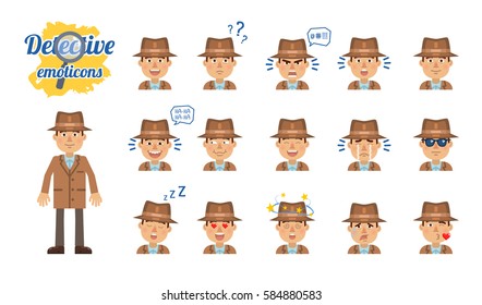 Big set of detective emoticons. Inspector emojis showing different facial expressions. Happy, sad, smile, laugh, surprised, serious, dazed, cry, angry and other emotions. Simple vector illustration