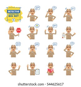Big set of detective emoticons showing different actions, emotions, gestures. Cheerful detective talking on phone, holding stop sign, document, book and doing other actions. Simple vector illustration