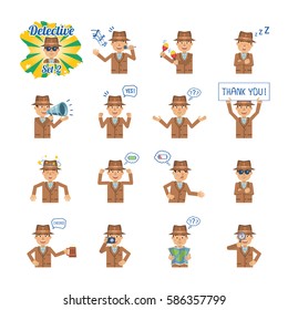 Big set of detective emoticons showing different actions, gestures, emotions. Cheerful inspector singing, sleeping, holding loudspeaker, banner and doing other actions. Simple vector illustration