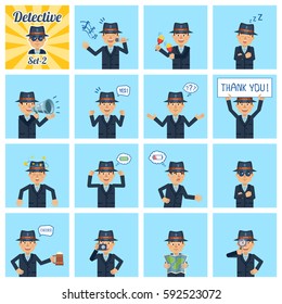 Big set of detective emoticons showing different actions, gestures, emotions. Cheerful inspector singing, sleeping, holding loudspeaker, banner, map and doing other actions. Simple vector illustration