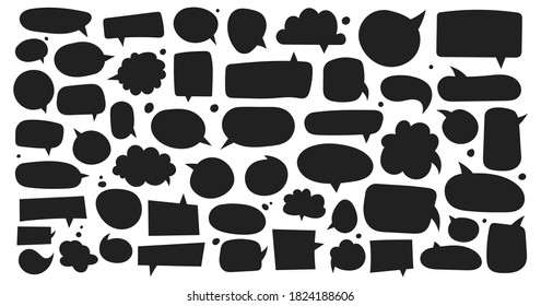 Big set of dialog boxes different variants drawn by hand. Vector flat illustrations. Collection black doodle for talk, dialogue, decoration on white background.