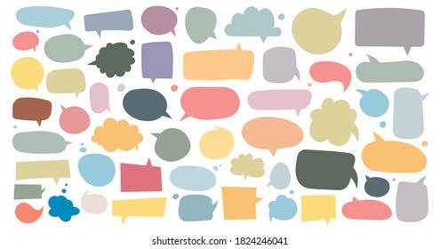 Big set of dialog boxes different variants drawn by hand. Vector flat illustrations. Collection pastel color doodle for talk, dialogue, decoration on white background.