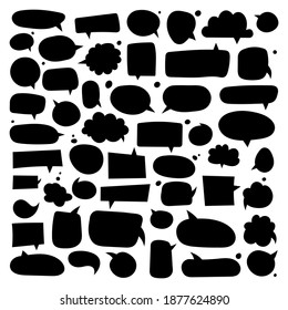 Big set of dialog boxes different variants drawn by hand. Vector flat illustrations. Collection black doodle for talk, dialogue, decoration on white background.