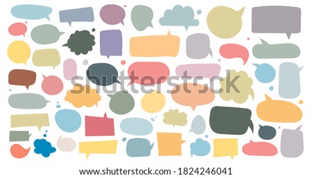 Big set of dialog boxes different variants drawn by hand. Vector flat illustrations. Collection pastel color doodle for talk, dialogue, decoration on white background.