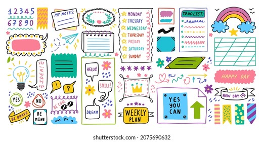 Big set. Diary bullet cute journal border elements. Note icon, sticker for school. Vector illustration