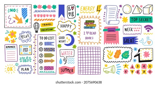 Big set. Diary bullet cute journal border elements. Note icon, sticker for school. Vector illustration