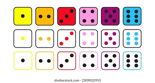 Big set of dice faces in different styles and colors to create games or worksheets for kids. Counting practice or subitizing activity for children