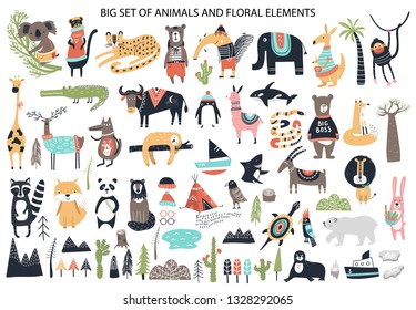 Big set of diferent cartoon animals. Cute handdrawn kids clip art collection. Vector illustration.