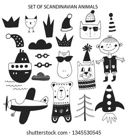 Big set of diferent cartoon animals. Cute handdrawn kids clip art collection. Vector illustration.