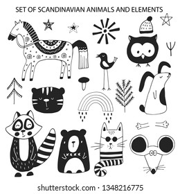 Big set of diferent cartoon animals. Cute handdrawn kids clip art collection. Vector illustration.