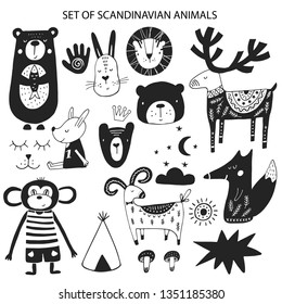 Big set of diferent cartoon animals. Cute handdrawn kids clip art collection. Vector illustration.