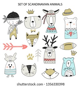 Big set of diferent cartoon animals. Cute handdrawn kids clip art collection. Vector illustration.