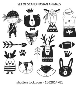 Big Set Of Diferent Cartoon Animals. Cute Handdrawn Kids Clip Art Collection. Vector Illustration.