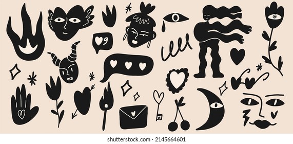 Big set of different abstract doodle icons. Hearts, faces, plants, characters and more. Vector illustration, cartoon style, flat design. All elements are isolated.