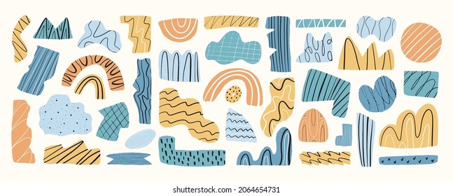 Big set of different abstract paper shapes with torn edge texture. Doodle fragments. Hand drawn vector art, print, design elements and decoration. 