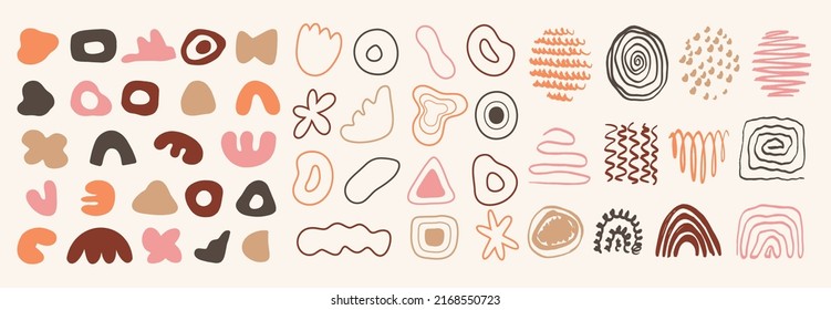 Big set of different abstract shapes and doodles in pastel colors. Hand drawn doodles. Modern fashion illustration. Flat design, cartoon drawing, vector.