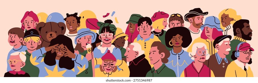 Big set of different age people stand side by side. Diverse multicultural, multiracial people. Cute characters. Family, teamwork, togetherness, community concept. Hand drawn trendy Vector illustration