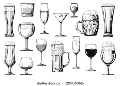 Big set of different alcoholic beverages. Vector