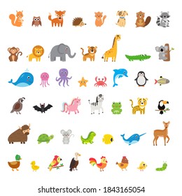 Big set of different animals and birds in cartoon style. Vector illustration on isolated white background.