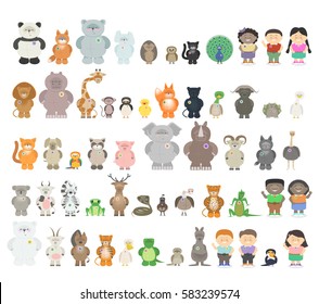 Big set of different animals. Zoo animals from different continents. A variety of fauna. Vector cartoon