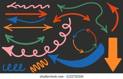 Big set of different arrows of different colors, dark background. Hand drawn fashion vector illustration, flat design, cartoon. All elements are isolated.