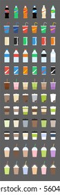 Big set different beverages with bottle of cup of soda, soda water, bottle of water, bubble tea, cup of coffee take away, milkshake, smoothie and cold coffee. Flat icon set of different beverages