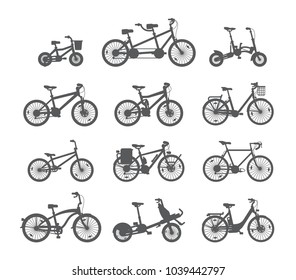 Big set of different bicycles. Silhouette/