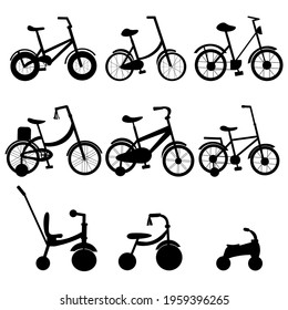 Big set of different black silhouettes of bicycles. Children's, adult and teenage bikes isolated on white background.