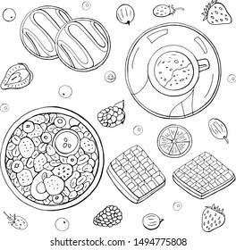 Big set of different black and white breakfast elements on white background. Hand drawn vector morning collection - tea, coffee, cakes, berries, muesli, croissants, macaroon. For cafe and restaurants.