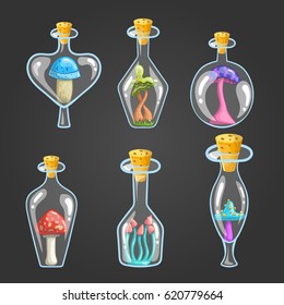 Big set of different bottle with mushrooms