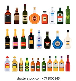 Big set of different bottles of alcohol drinks. Vector illustration in flat design style isolated on white background