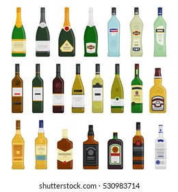 Big set of different bottles of hot drinks vector flat design illustration isolated on white background
