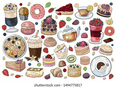 Big set of different breakfast elements on white background. Hand drawn vector morning collection - tea, coffee, cakes, berries, muesli, croissants, macaroon. For cafe and restaurants menu.