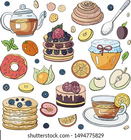 Big set of different breakfast elements on white background. Hand drawn vector morning collection - tea, coffee, cakes, berries, muesli, croissants, macaroon. For cafe and restaurants menu.