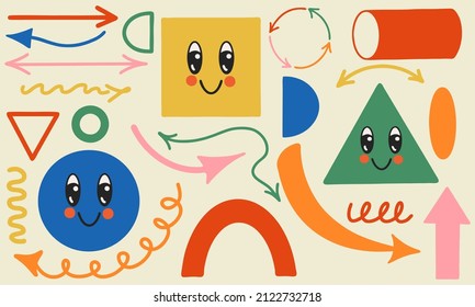 Big set of different bright geometric shapes and arrows with face emotions. Hand drawn fashion vector illustration for kids. Cute funny characters. All elements are insulated