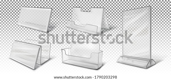 A big set\
of different business card holders, stands for brochures,\
advertising. Vector 3d realistic\
illustration.