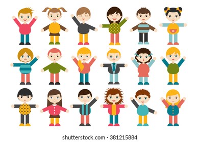 Big set of different cartoon children figures. Boys and girls on a white background. Minimalistic flat modern icon set portraits. Vector illustration