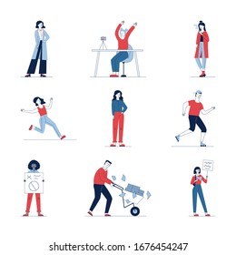 Big set of different cartoon people. Flat vector illustrations of man and woman standing in protest, smoking. Activity and lifestyle concept for banner, website design or landing web page