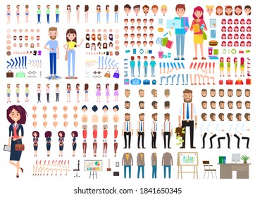 Big set of different characters. Collection businesswoman, businessman, young couple body parts, clothes, accessories, hairstyles, gestures. Front, side and back view. Comic characters. DIY kit