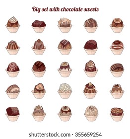 Gran conjunto con diferentes caramelos de chocolate aislados en blanco.  Leche, chocolate blanco oscuro.  Para su diseño, anuncios, tarjetas, carteles, menú de restaurante.