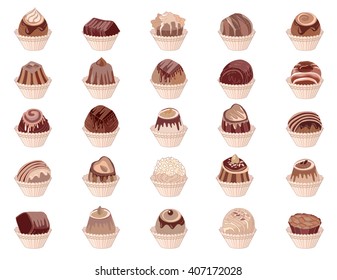 Big set with different chocolate candies isolated on white.  Milk,dark,white chocolate.  For your design, announcements, cards, posters, restaurant menu.