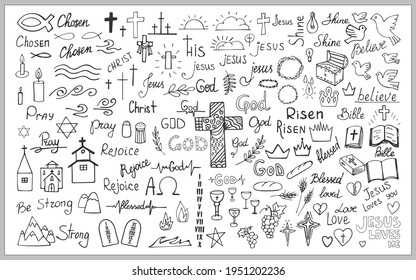 Big set of different Christian icons, labels, symbols and inscription. Hand drawn illustrations isolated on white background. For print and design religious accessories. Vector illustration