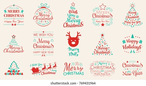 Big set of different Christmas calligraphy with icons. Vector.