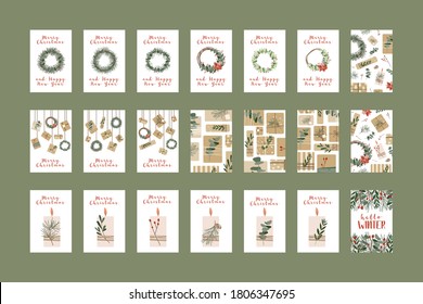 Big set of different christmas cards, invitation. Presents in kraft paper and wreaths. Rustic gift box. Eco decoration. Xmas and New 2021 Year celebration preparation. Vector flat cartoon style