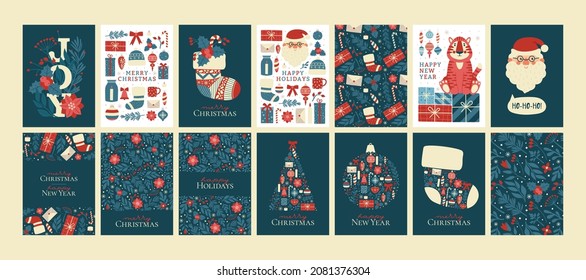 Big set of different Christmas and New Year cards.Collection illustrations and seamless winter holiday patterns and backgrounds. Print for banner, invitation, wrapping paper,cover.Tiger symbol 2022.