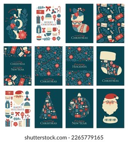 Big set of different Christmas and New Year cards.Collection illustrations and seamless winter holiday patterns and backgrounds. Print for banner, invitation, wrapping paper,cover.