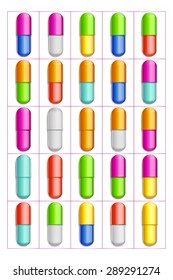 big set of different color capsule pills on white background isolated