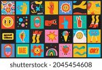 Big Set of Different colored Vector illustartion posters in Cartoon Flat design. Hand drawn Abstract shapes, funny Comic characters.