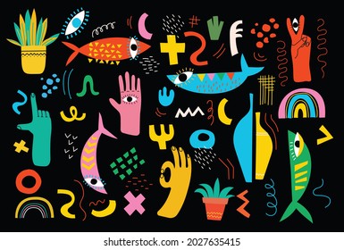 Big Set of Different colored Vector illustartions in Cartoon Flat design. Hand drawn Abstract shapes, funny Comic characters.